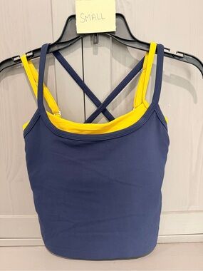 SMALL - Navy blue/yellow Sports Tank with criss-cross straps